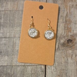 NEW Druzy Sparkly Drop Crystal Round Pendant Dangly Earrings Silver & Gold